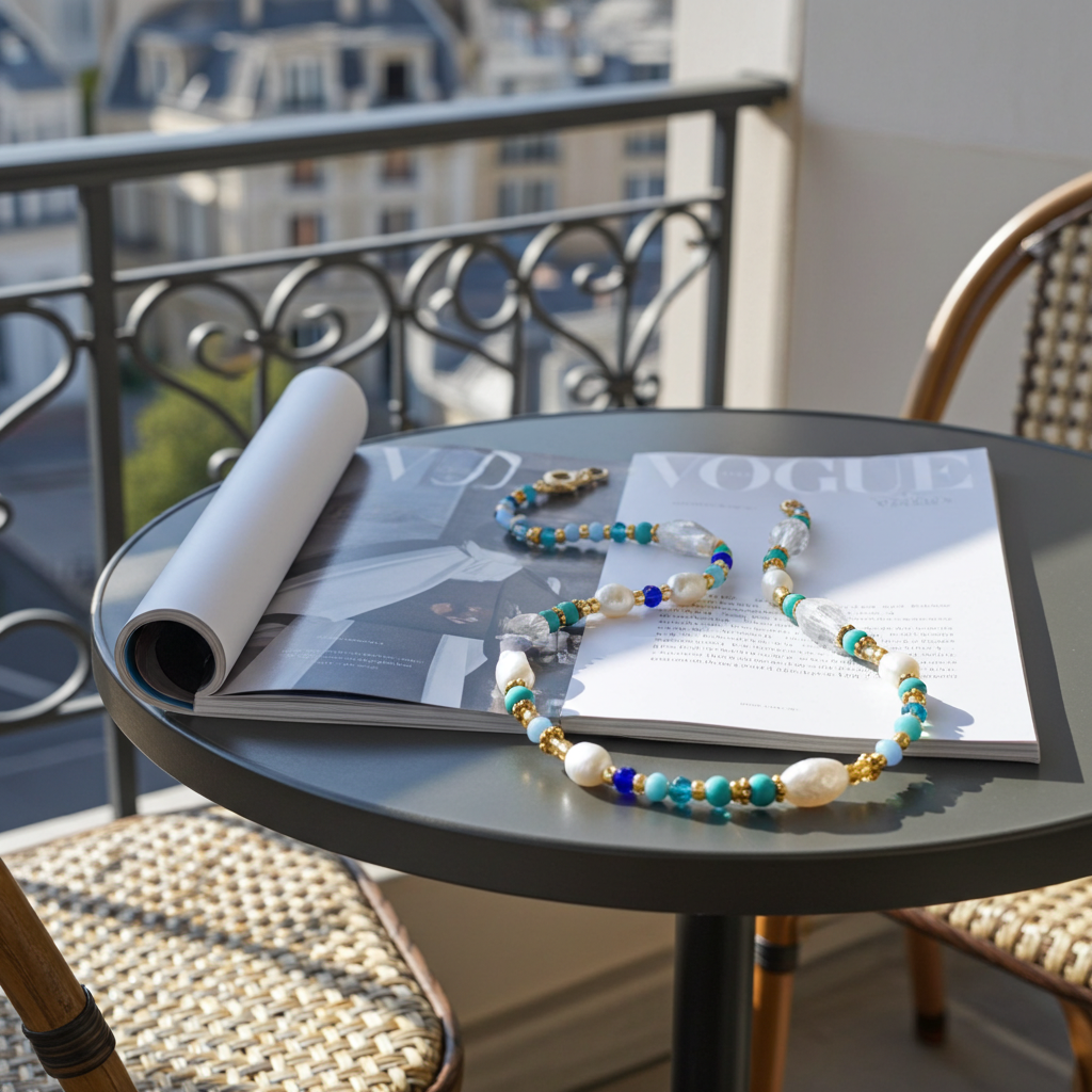 Collier Café en terrasse bleu / Création Acier inoxydable, turquoise naturelle, perles d'eau douce, perles de verre