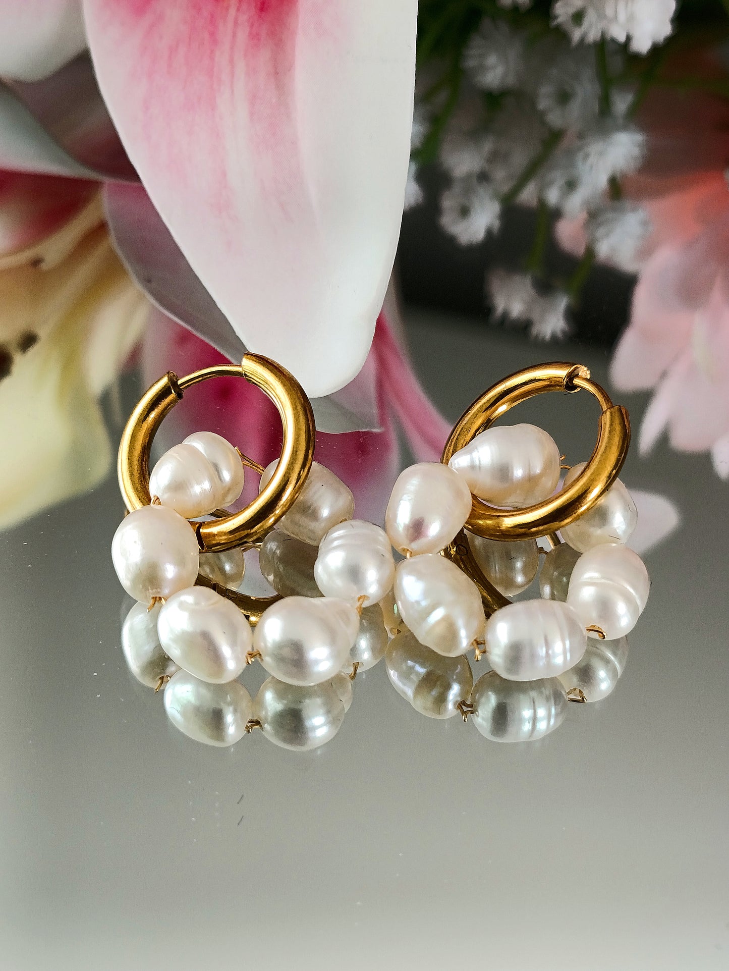 Créoles Judith / Perles d'eau douce et Acier inoxydable