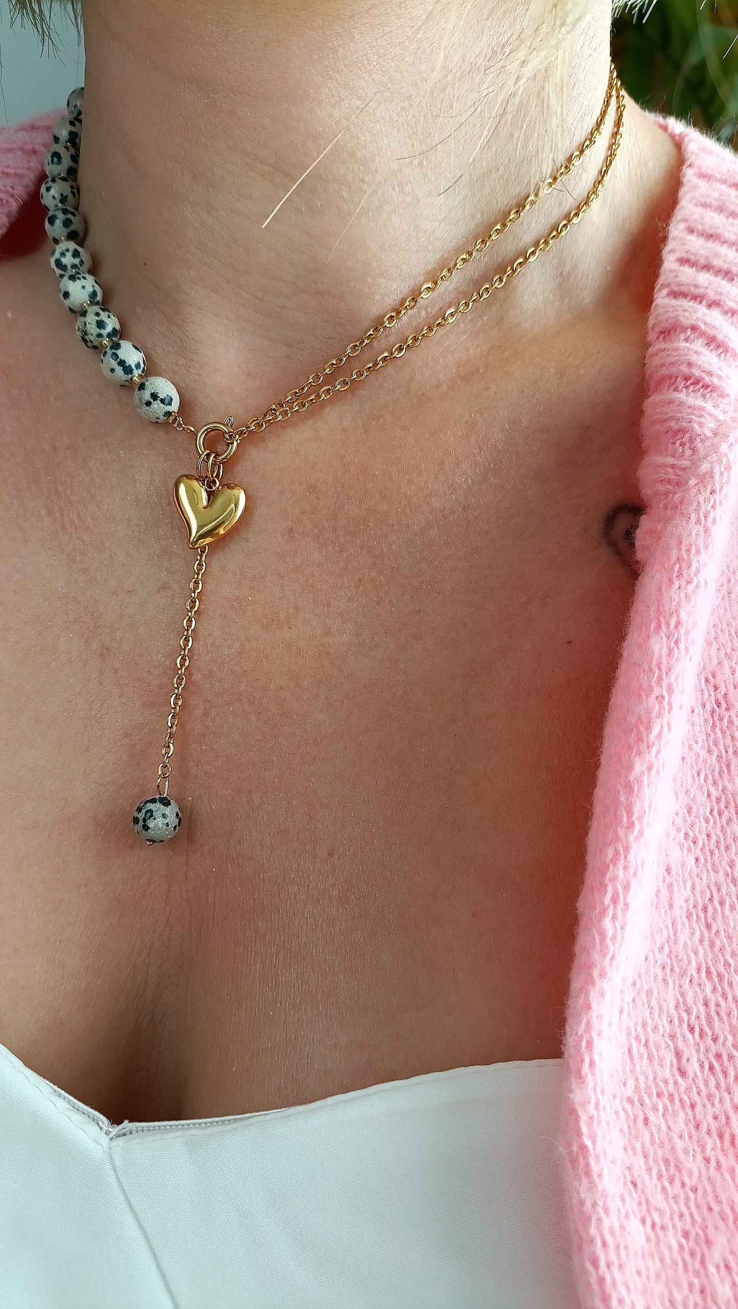 collier femme de créateur, collier femme en jaspe de dalmatien, collier en jaspe dalmatien et acier inoxydable, collier femme en jaspe dalmatien pas cher, site de bijoux de créateur pas cher