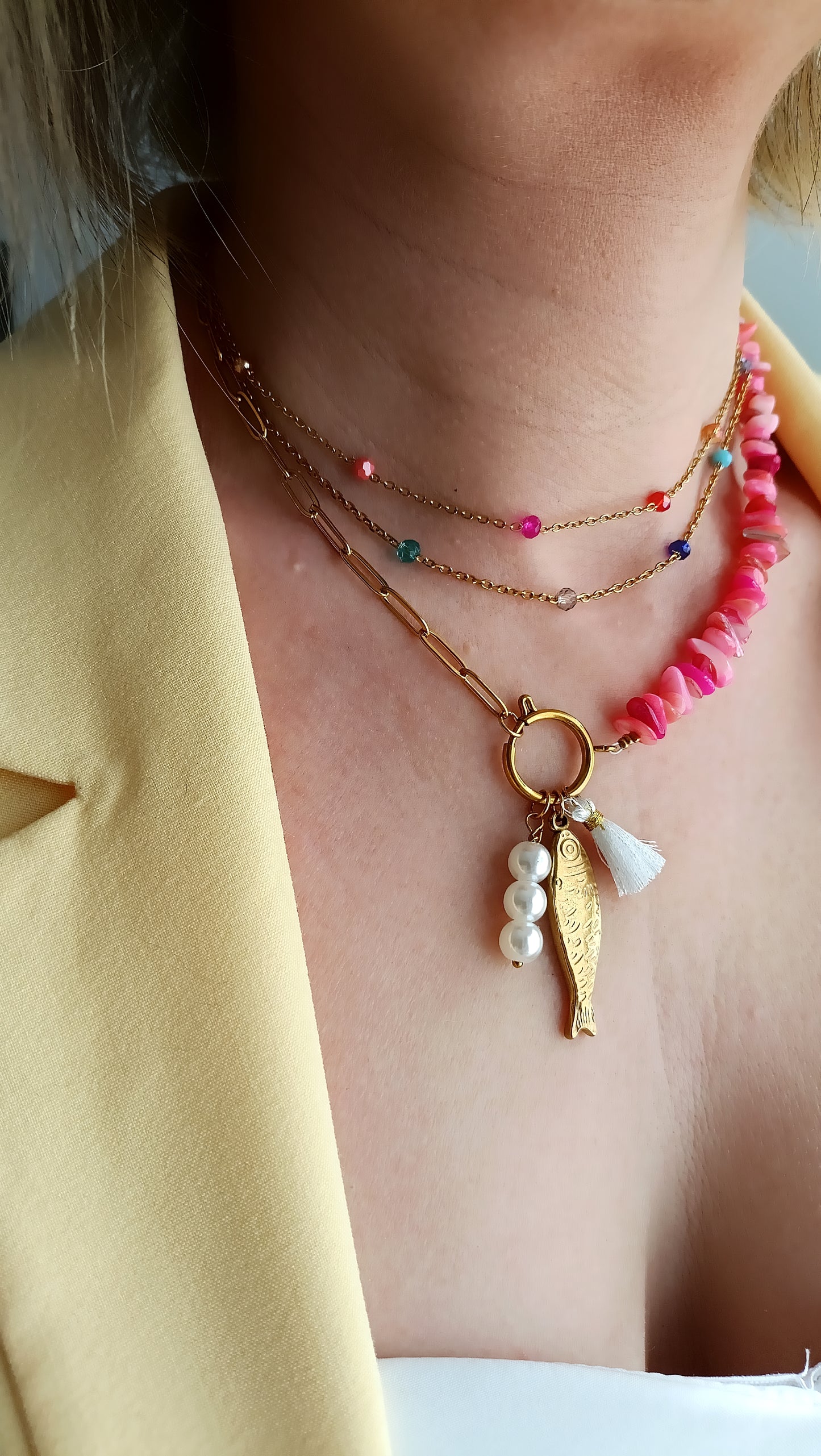 Collier Apéritif en bord de mer / Création de collier, Acier inoxydable et nacre rose