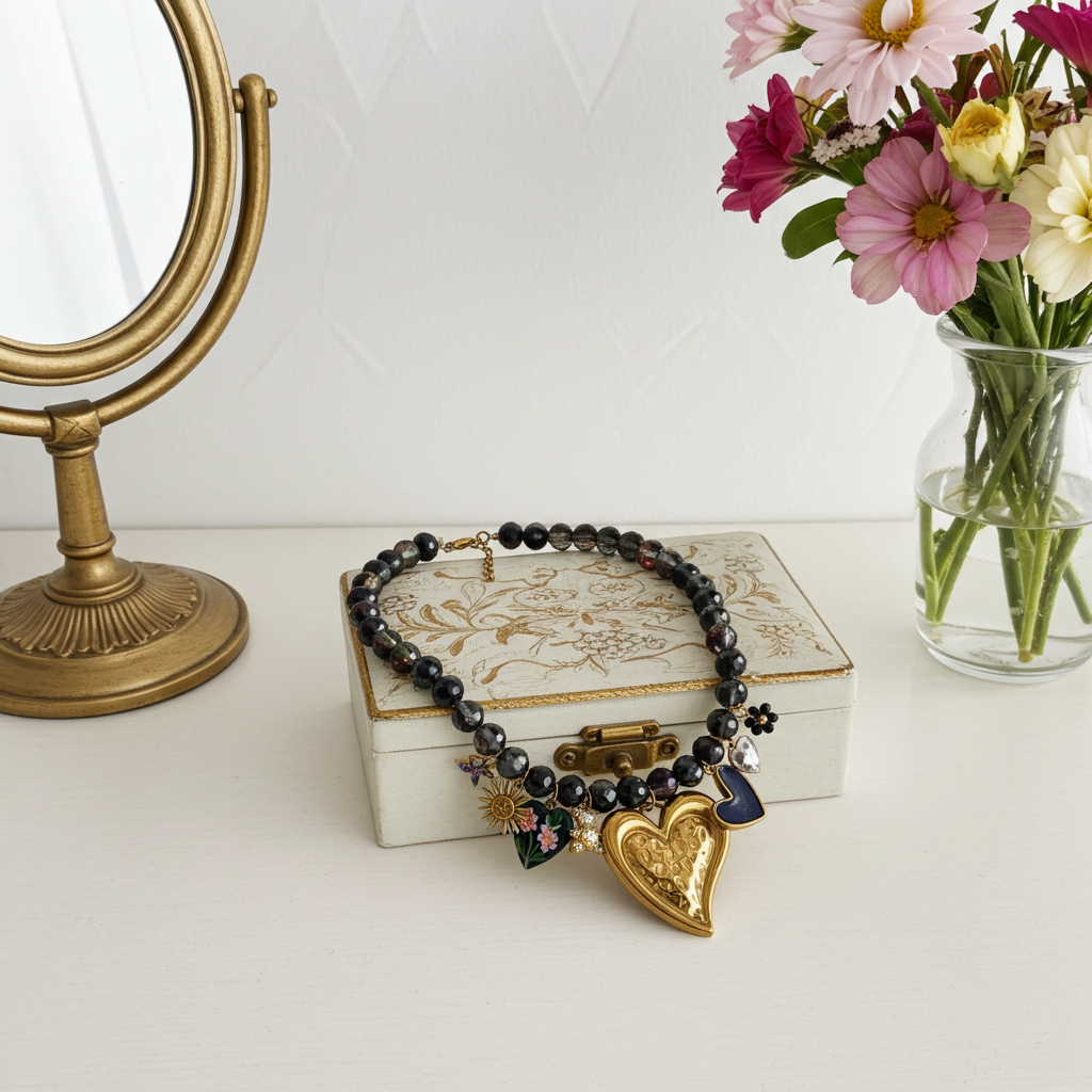 Collier Black Pearl / Création de collier, Acier inoxydable, perles noires et breloques en acier