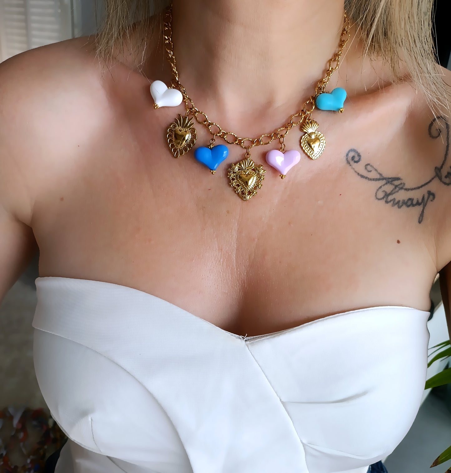 collier femme pendentifs cœurs, collier à charms cœurs femme, collier à breloques cœurs femme