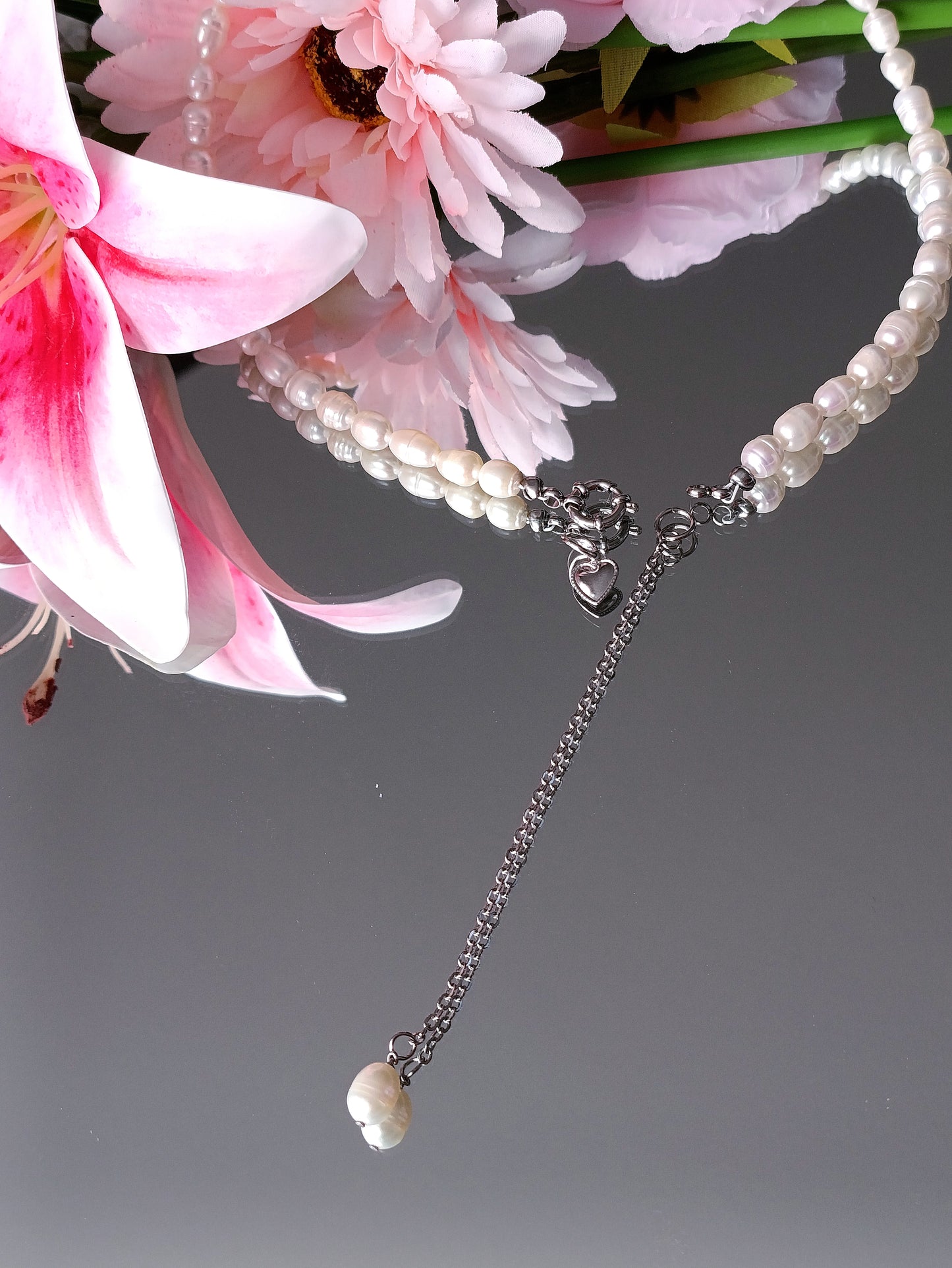 Collier Elisabeth / Collier trois en un, en perles d'eau douce et Acier inoxydable