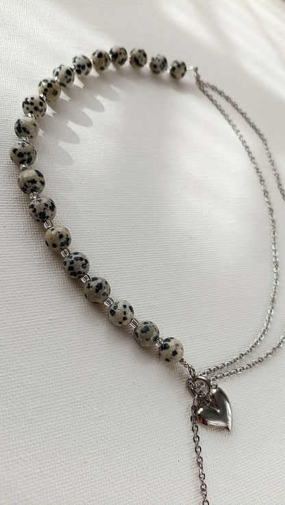 collier femme de créateur, collier femme en jaspe de dalmatien, collier en jaspe dalmatien et acier inoxydable, collier femme en jaspe dalmatien pas cher, site de bijoux de créateur pas cher