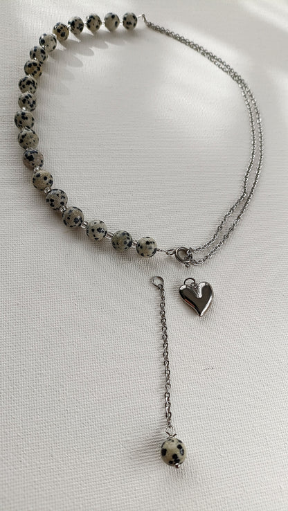 collier femme de créateur, collier femme en jaspe de dalmatien, collier en jaspe dalmatien et acier inoxydable, collier femme en jaspe dalmatien pas cher, site de bijoux de créateur pas cher