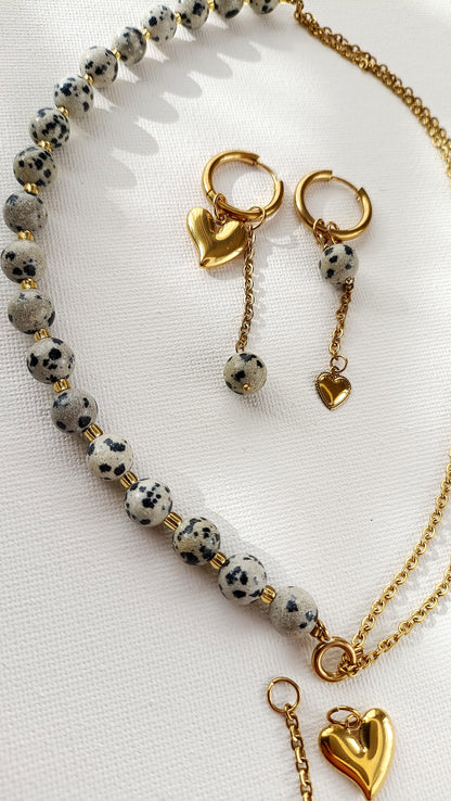 boucles d'oreilles femme en jaspe dalmatien et acier inoxydable, boucles d'oreilles femme en jaspe dalmatien, bijoux de créateur en jaspe de dalmatien