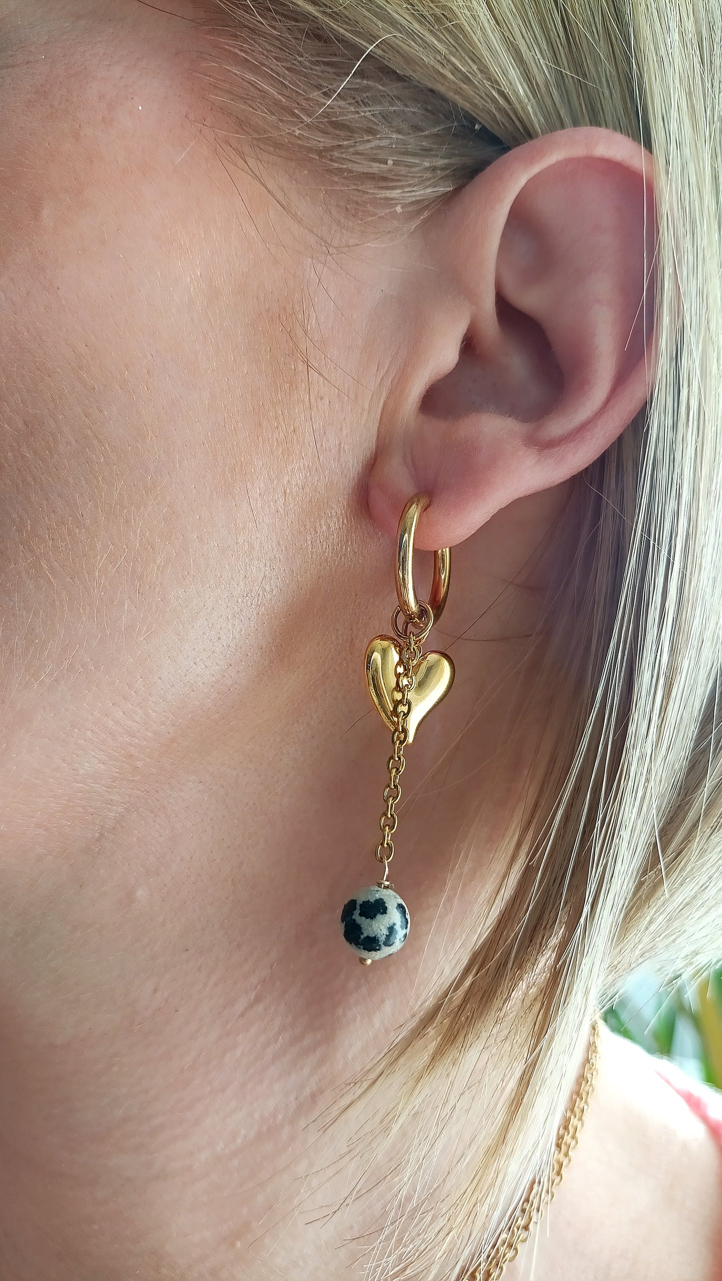 boucles d'oreilles femme en jaspe dalmatien et acier inoxydable, boucles d'oreilles femme en jaspe dalmatien, bijoux de créateur en jaspe de dalmatien