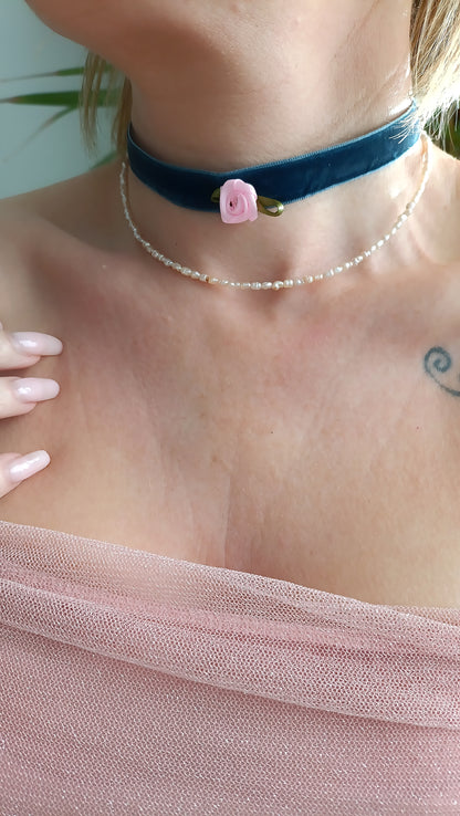 Collier Appoline / Création de collier en ruban velours et acier inoxydable