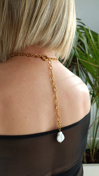 collier 3 en 1, collier qui s'adapte à vos envies, collier de dos, collier avec une grosse perle d'eau douce, collier femme de créateur, bijoux femme pas cher en acier inoxydable, collier en Y en perles d'eau douce, bijoux de créateur pas cher, idée cadeau noël femme