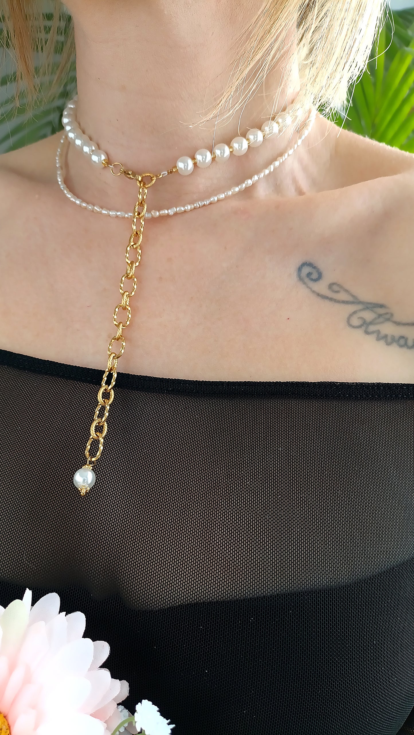 collier 3 en 1, collier femme en perles nacrées, collier en Y en perles, collier de dos en perles, collier ajustable, collier femme pas cher fantaisie, créateur de bijoux, collier de dos femme en perles