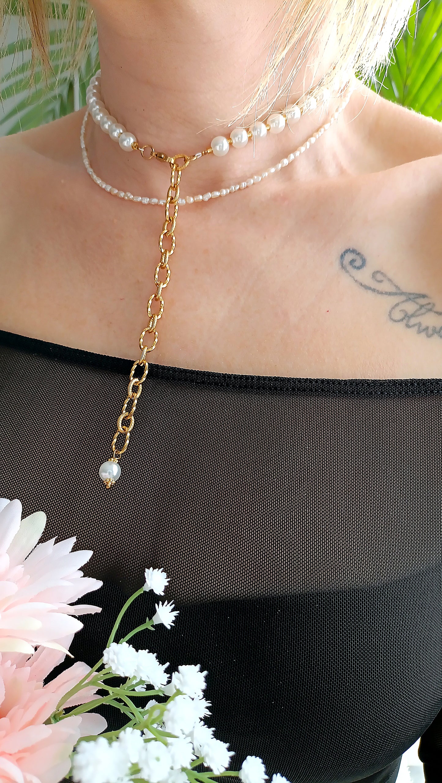 collier 3 en 1, collier femme en perles nacrées, collier en Y en perles, collier de dos en perles, collier ajustable, collier femme pas cher fantaisie, créateur de bijoux, collier de dos femme en perles