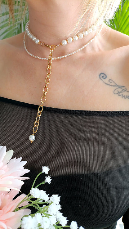 collier 3 en 1, collier femme en perles nacrées, collier en Y en perles, collier de dos en perles, collier ajustable, collier femme pas cher fantaisie, créateur de bijoux, collier de dos femme en perles