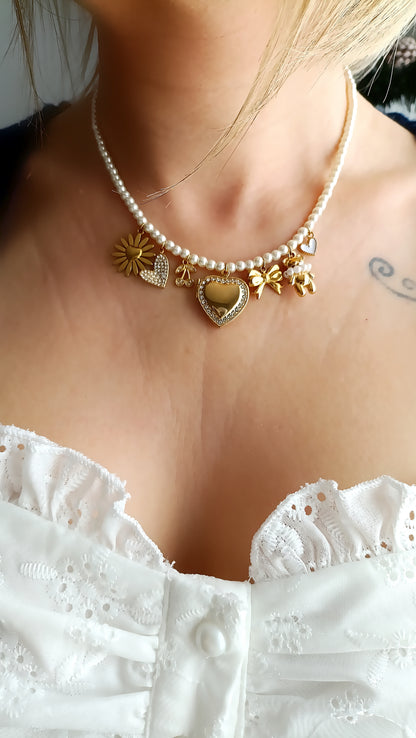 Collier Snow White / Création de collier, Acier inoxydable, perles de verre et breloques en acier