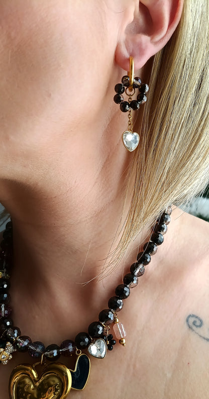 Boucles d'oreilles Black Pearl /  Acier inoxydable, perles de verre et breloques en acier