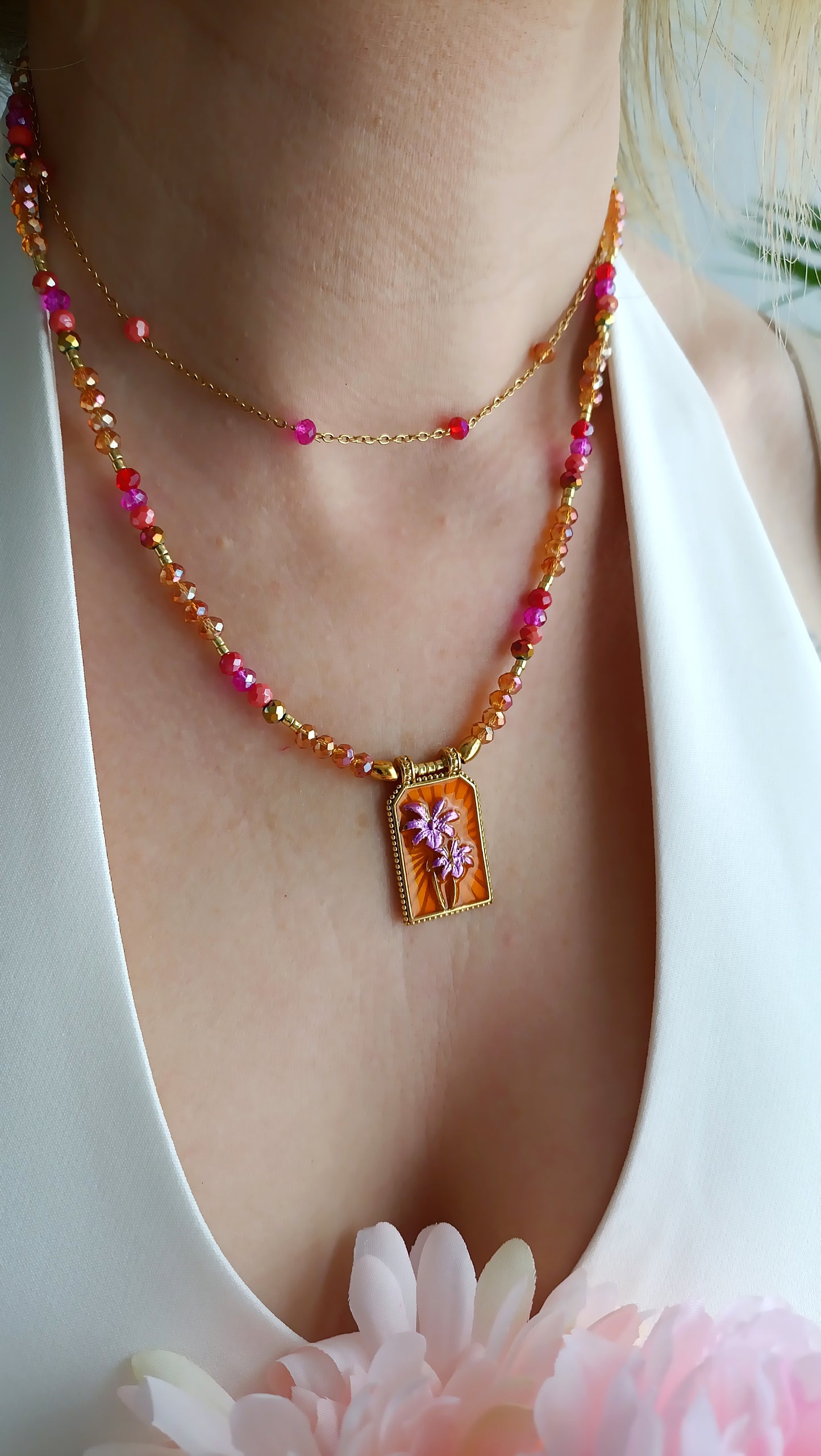 Collier Monoi Orange, rose, violet / Création Acier inoxydable, perles de verre