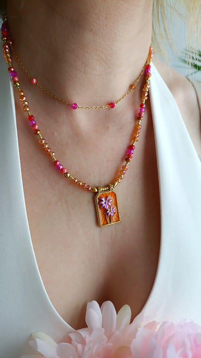 Collier Monoi Orange, rose, violet / Création Acier inoxydable, perles de verre