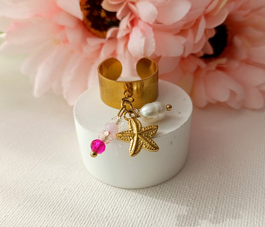 bague femme à breloques, bague femme à charms, bague femme fantaisie étoile de mer, bague femme étoile de mer, bague femme perle d'eau douce, bijoux fantaisie femme pas cher français, bijolux français abordbales, site de bijoux français abordable