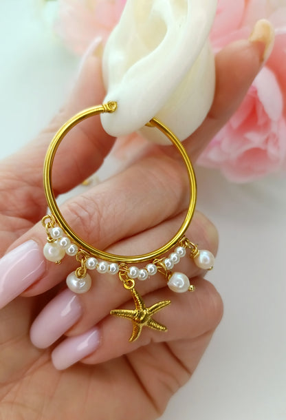 Boucles d'oreilles Plage bohème /  Acier inoxydable, perles d'eau douce et de verre