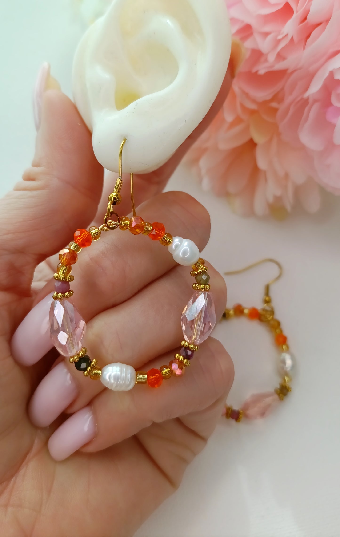 Boucles d'oreilles Café en terrasse /  Acier inoxydable, perles d'eau douce, de verre, tourmaline