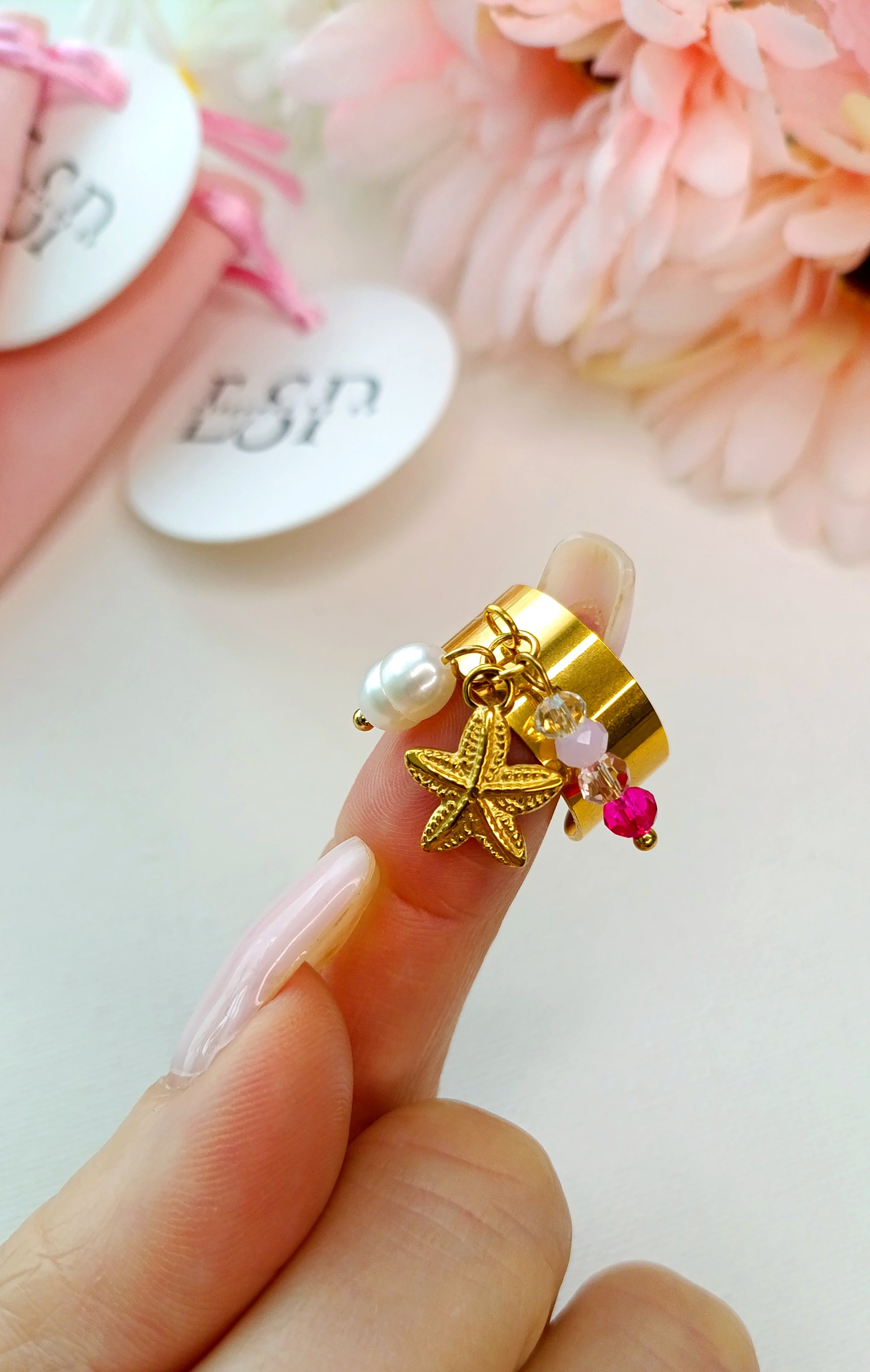 bague femme à breloques, bague femme à charms, bague femme fantaisie étoile de mer, bague femme étoile de mer, bague femme perle d'eau douce, bijoux fantaisie femme pas cher français, bijolux français abordbales, site de bijoux français abordable