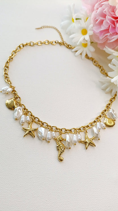 Collier femme plaqué or coquillages, collier femme plaqué or perles et coquillage, parure en acier inoxydable pas cher, parure femme plaqué or pas cher