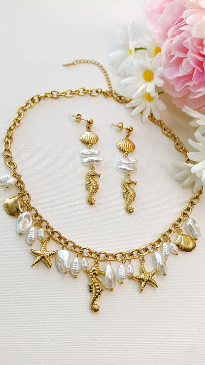Collier femme plaqué or coquillages, collier femme plaqué or perles et coquillage, parure en acier inoxydable pas cher, parure femme plaqué or pas cher