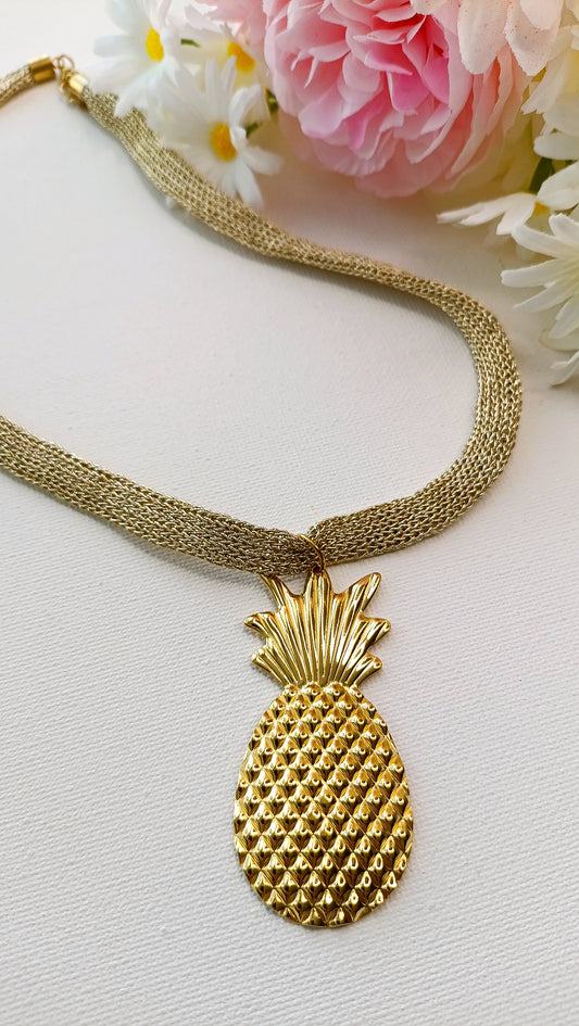 Collier femme ananas acier inox plaqué or, collier femme ananas pas cher, collier femme plaqué or gros ananas 