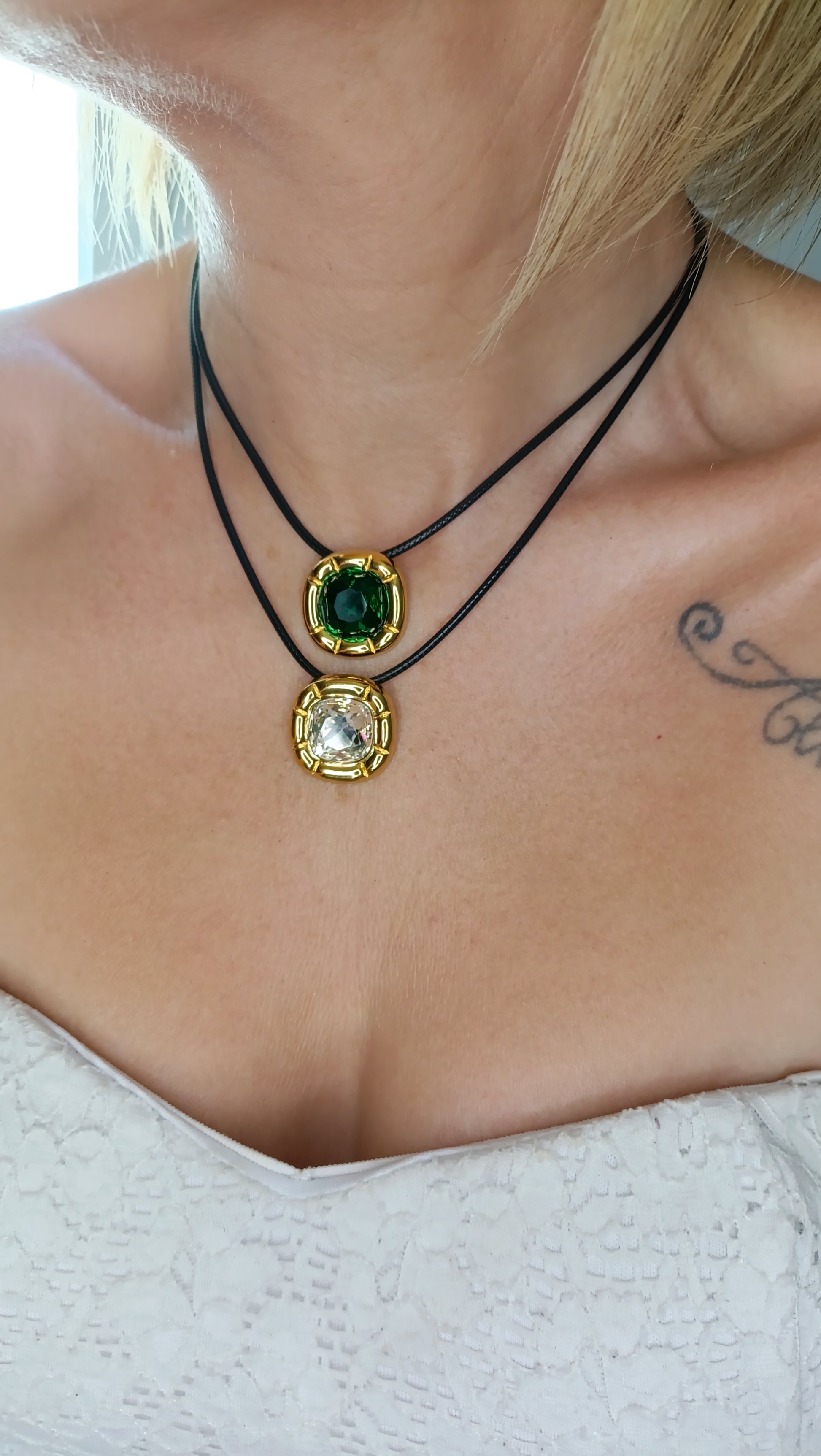 Collier femme plaqué or pierre verte, collier femme plaqué or pendentif perle verte, parure en acier inoxydable pas cher, parure femme plaqué or pas cher