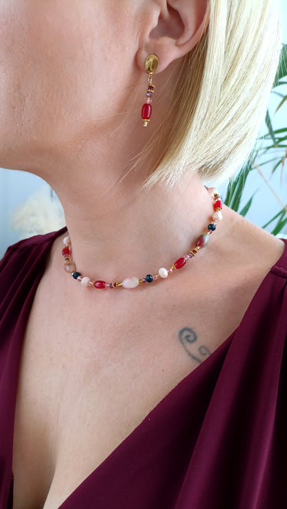 collier femme, tourmaline, améthyste, collier perles noires, collier fait main, artisanat français, bijoux de créateur, créatrice de bijoux français, collier bohème perles rouge