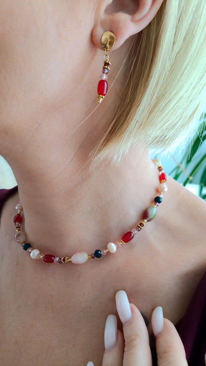 collier femme, tourmaline, améthyste, collier perles noires, collier fait main, artisanat français, bijoux de créateur, créatrice de bijoux français, collier bohème perles rouge