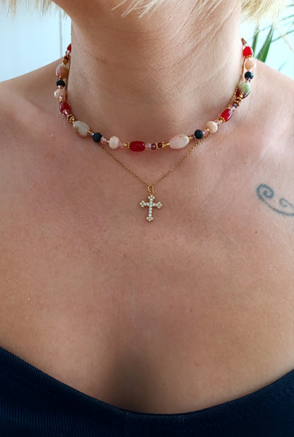 collier femme, tourmaline, améthyste, collier perles noires, collier fait main, artisanat français, bijoux de créateur, créatrice de bijoux français, collier bohème perles rouge