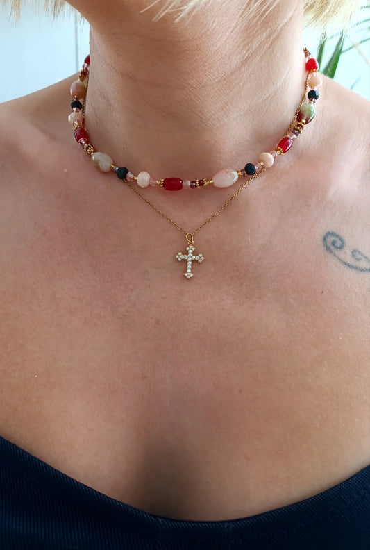 collier femme, tourmaline, améthyste, collier perles noires, collier fait main, artisanat français, bijoux de créateur, créatrice de bijoux français, collier bohème perles rouge