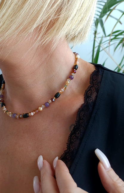 collier femme, tourmaline, améthyste, collier perles noires, collier fait main, artisanat français, bijoux de créateur, créatrice de bijoux français, collier bohème perles noires