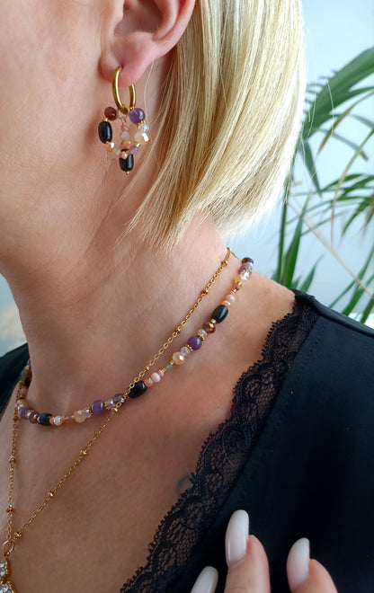 collier femme, tourmaline, améthyste, collier perles noires, collier fait main, artisanat français, bijoux de créateur, créatrice de bijoux français, collier bohème perles noires