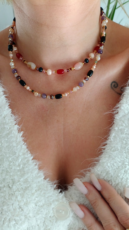 collier femme, tourmaline, améthyste, collier perles noires, collier fait main, artisanat français, bijoux de créateur, créatrice de bijoux français, collier bohème perles noires