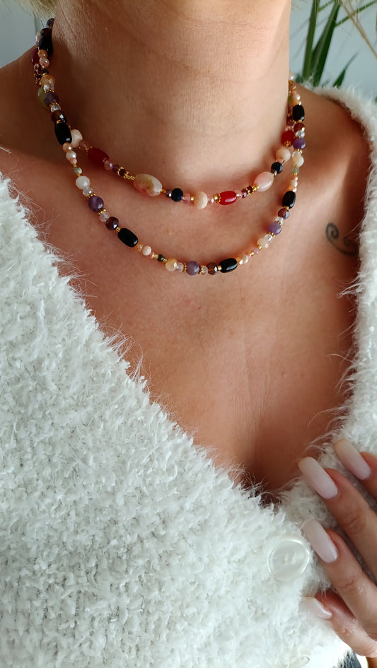 collier femme, tourmaline, améthyste, collier perles noires, collier fait main, artisanat français, bijoux de créateur, créatrice de bijoux français, collier bohème perles noires