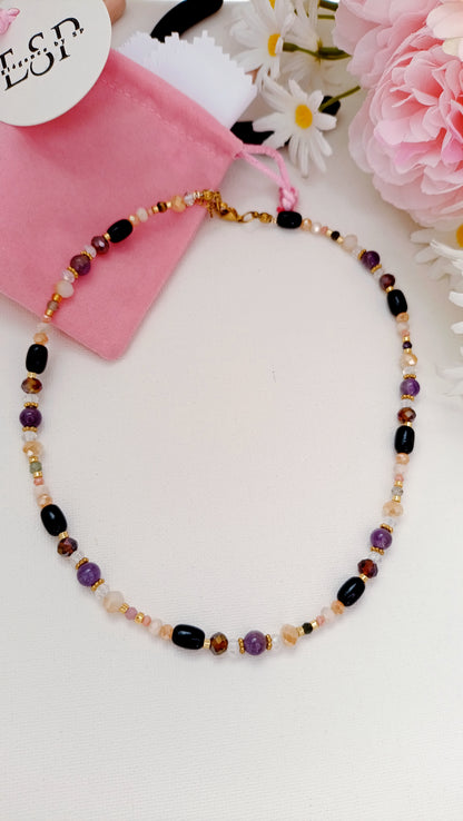 collier femme, tourmaline, améthyste, collier perles noires, collier fait main, artisanat français, bijoux de créateur, créatrice de bijoux français, collier bohème perles noires