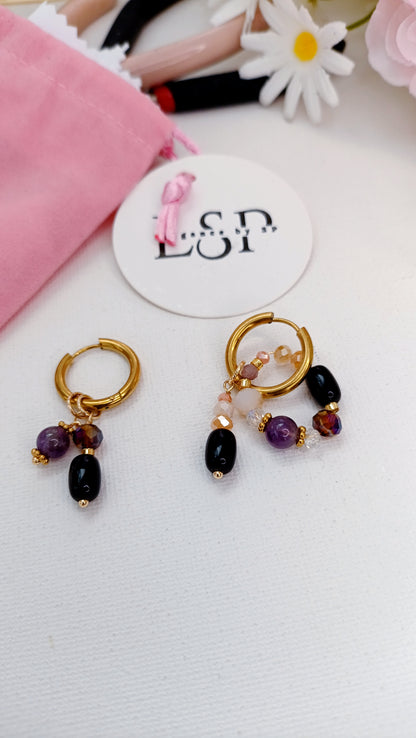 boucles d'oreilles femme, tourmaline, améthyste, boucles d'oreilles perles noires, collier fait main, artisanat français, bijoux de créateur, créatrice de bijoux français, boucles d'oreilles bohème perles noires