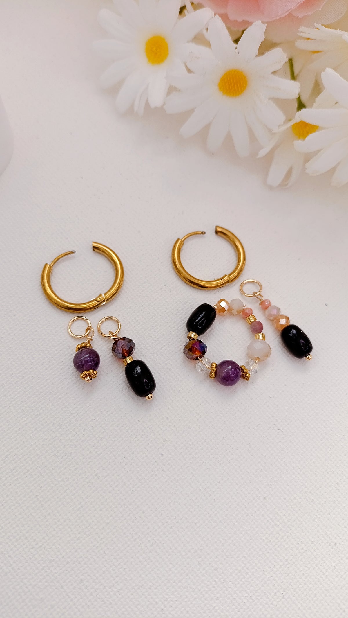 boucles d'oreilles femme, tourmaline, améthyste, boucles d'oreilles perles noires, collier fait main, artisanat français, bijoux de créateur, créatrice de bijoux français, boucles d'oreilles bohème perles noires