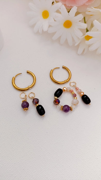 boucles d'oreilles femme, tourmaline, améthyste, boucles d'oreilles perles noires, collier fait main, artisanat français, bijoux de créateur, créatrice de bijoux français, boucles d'oreilles bohème perles noires