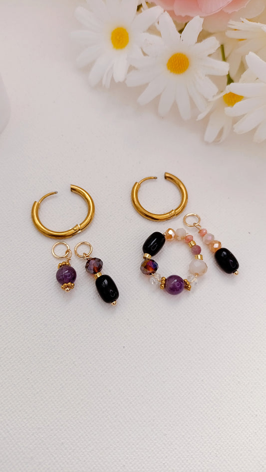 boucles d'oreilles femme, tourmaline, améthyste, boucles d'oreilles perles noires, collier fait main, artisanat français, bijoux de créateur, créatrice de bijoux français, boucles d'oreilles bohème perles noires