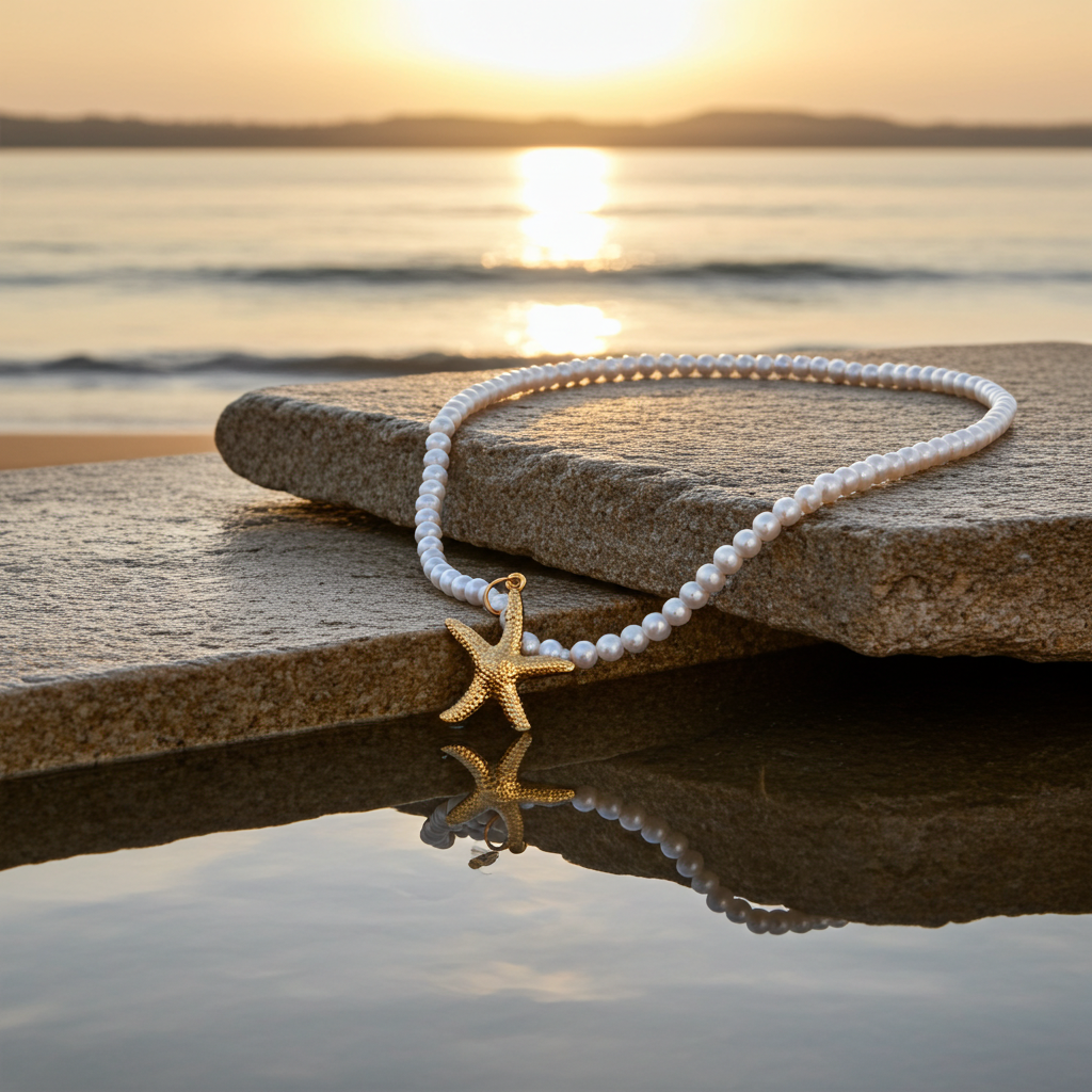 Collier Perles et étoile de mer  / Création de collier, Acier inoxydable et perles de verre