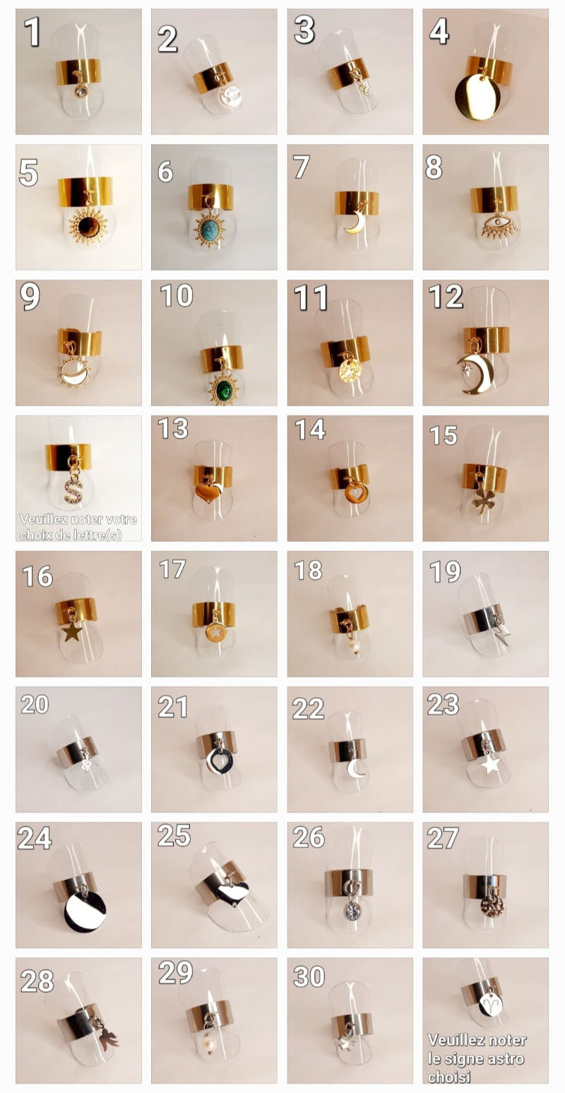      Amusez-vous à composer votre bague ajustable en acier inoxydable     Anneau large d'environ 1 cm, couleur or ou dorée     Plusieurs charms sont à votre disposition, dorés et argentés.     Vous êtes unique, votre bijoux doit suivre vos envies     Chaque bijoux est fabriqué à la main avec amour  Ce bijoux résiste à l'eau, l'humidité..., ne noircit pas, il est hypoallergénique. Il a fait l'objet de contrôle qualité par nos soins. Il gardera son éclat.