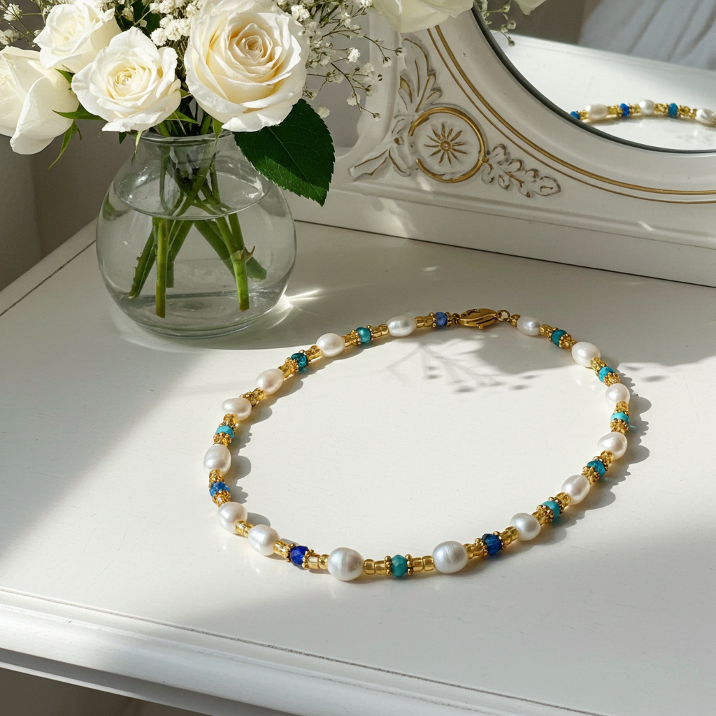 Collier Bonheur terre et mer / Création Acier inoxydable, perles d'eau douce, perles de verre