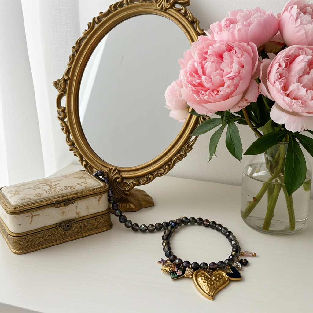 Collier Black Pearl / Création de collier, Acier inoxydable, perles noires et breloques en acier