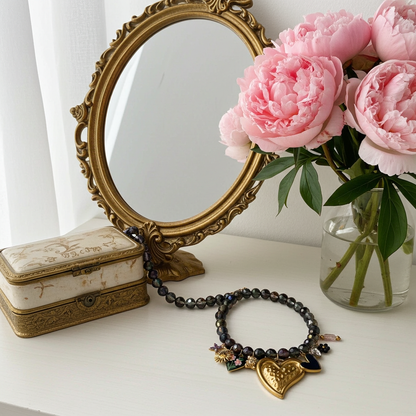 Collier Black Pearl / Création de collier, Acier inoxydable, perles noires et breloques en acier