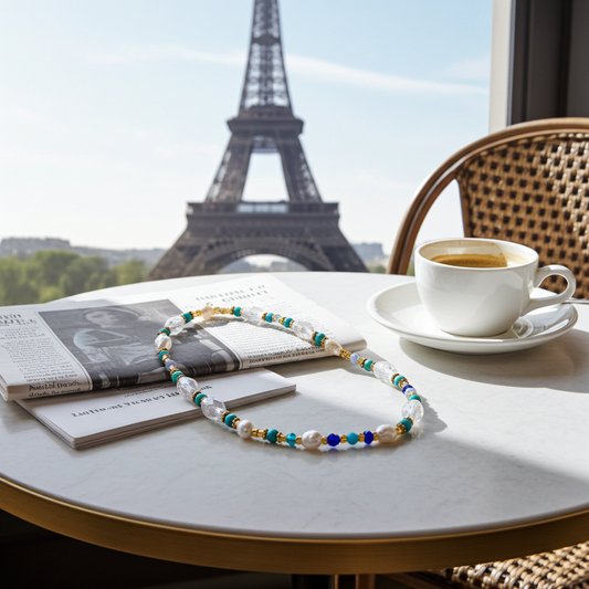 Collier Café en terrasse bleu / Création Acier inoxydable, turquoise naturelle, perles d'eau douce, perles de verre