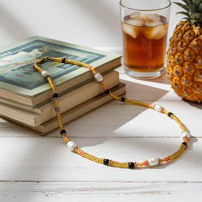 Collier Bonheur retrouvé / Création Acier inoxydable, perles d'eau douce, oxyx noir naturel, perles de verre