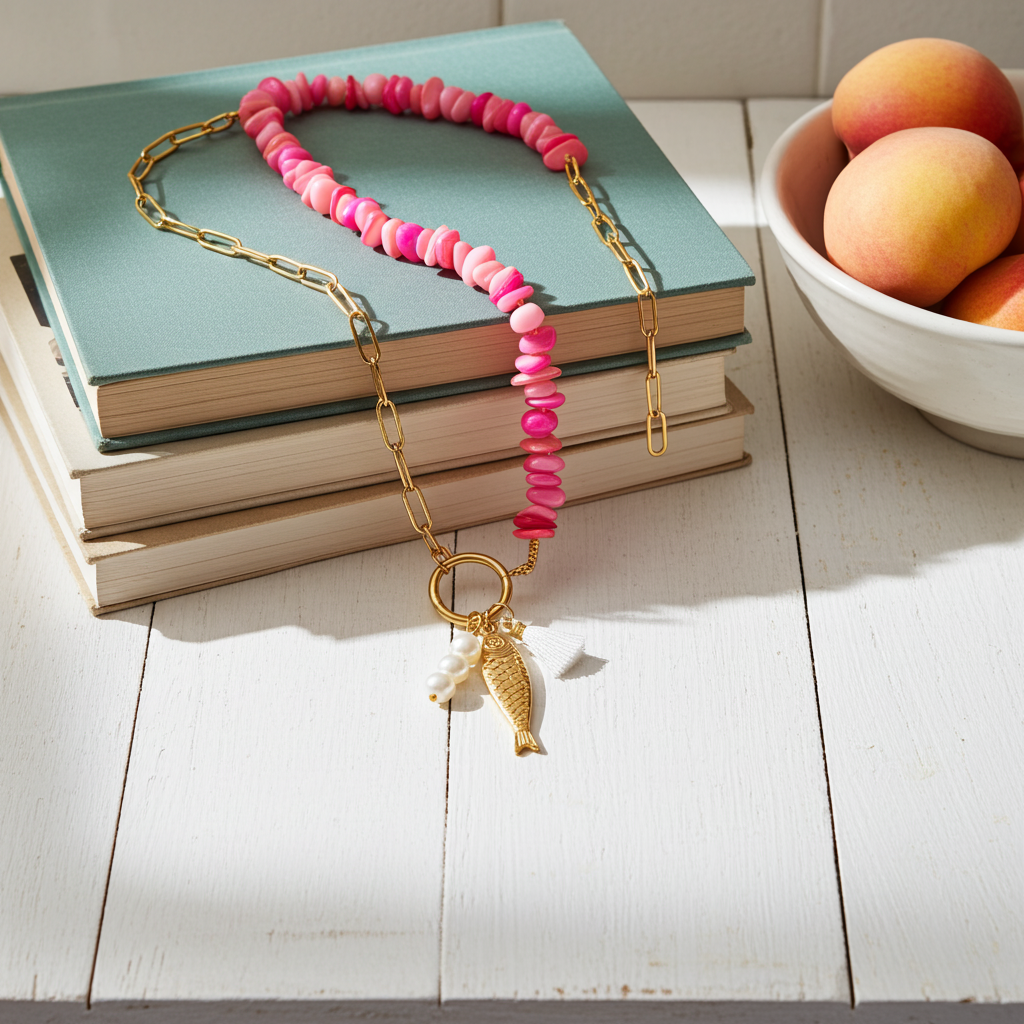 Collier Apéritif en bord de mer  / Création de collier, Acier inoxydable et nacre rose