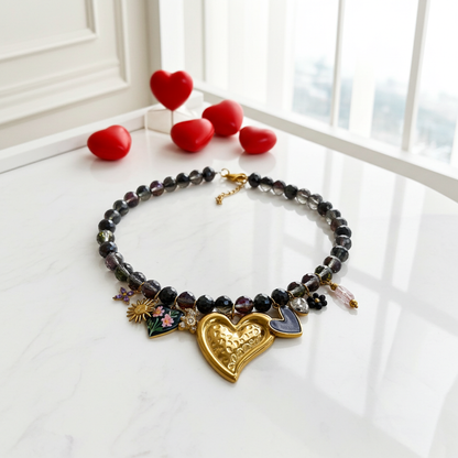 Collier Black Pearl / Création de collier, Acier inoxydable, perles noires et breloques en acier